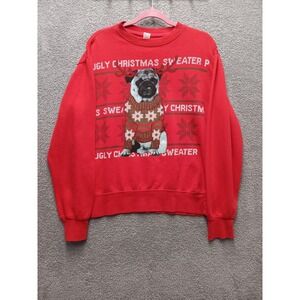 Ugly Christmas Pug Graphic Sweatshirt Red Adult Small
